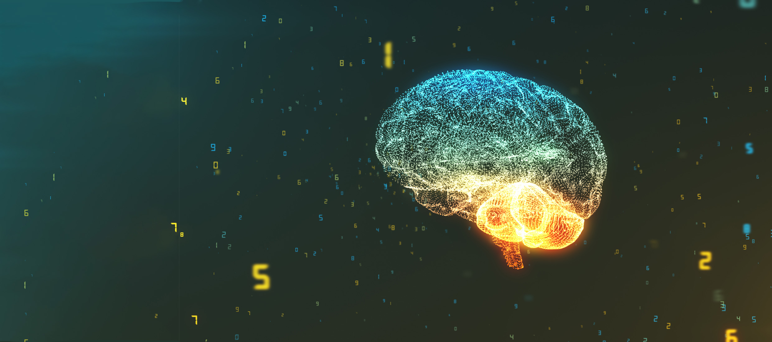 A glowing blue and yellow brain with blood vessels is in front of a dark background full of floating numbers