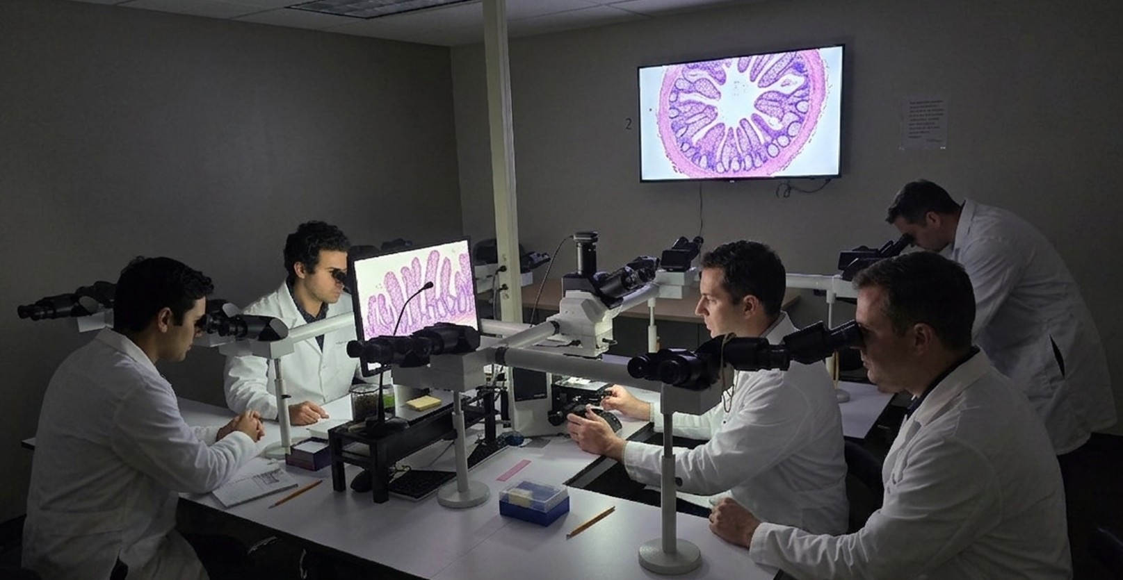 Pathology team reviewing slides