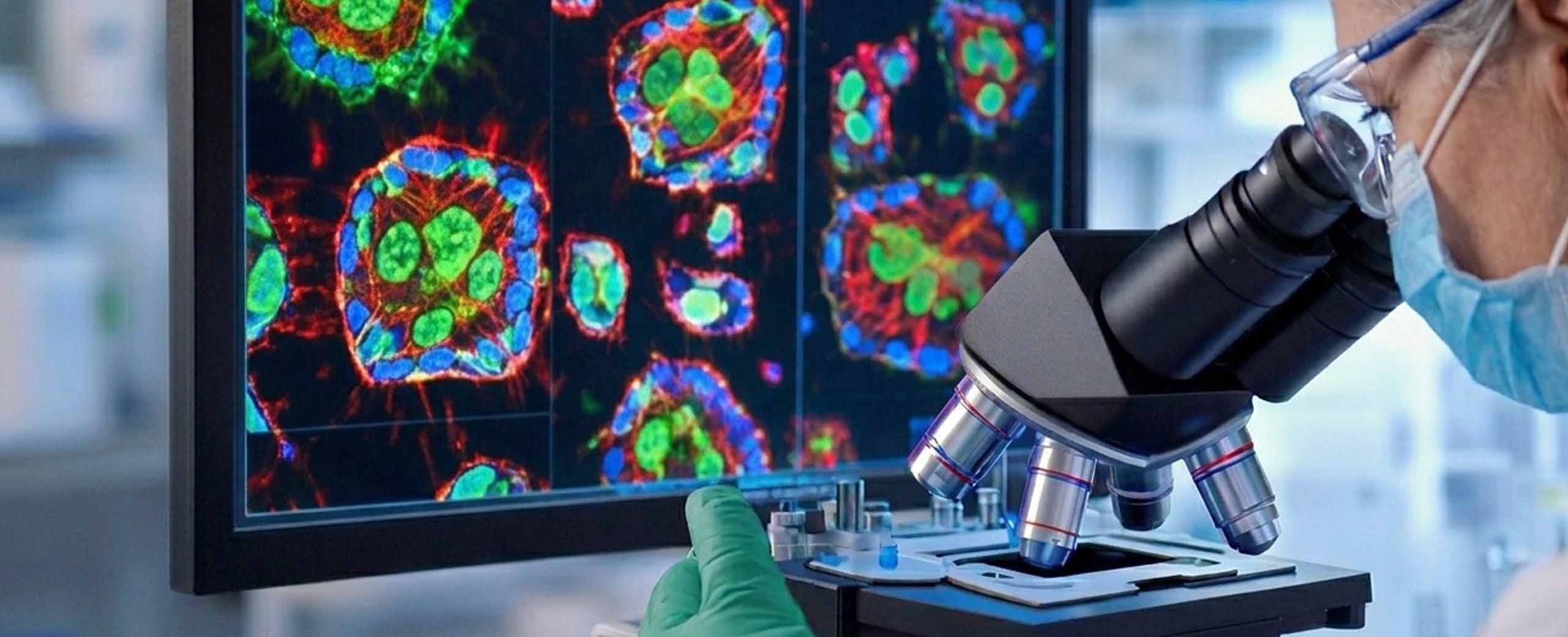 A surgical pathologist examines a specimen.