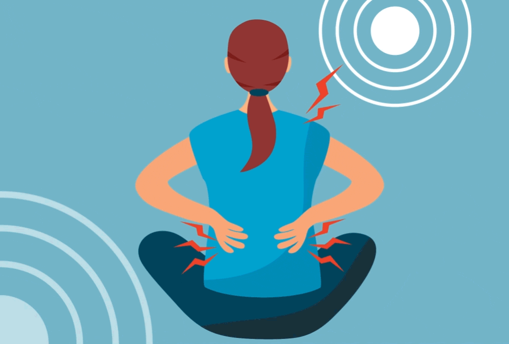 Back pain illustration, with pain radiating from a person's back