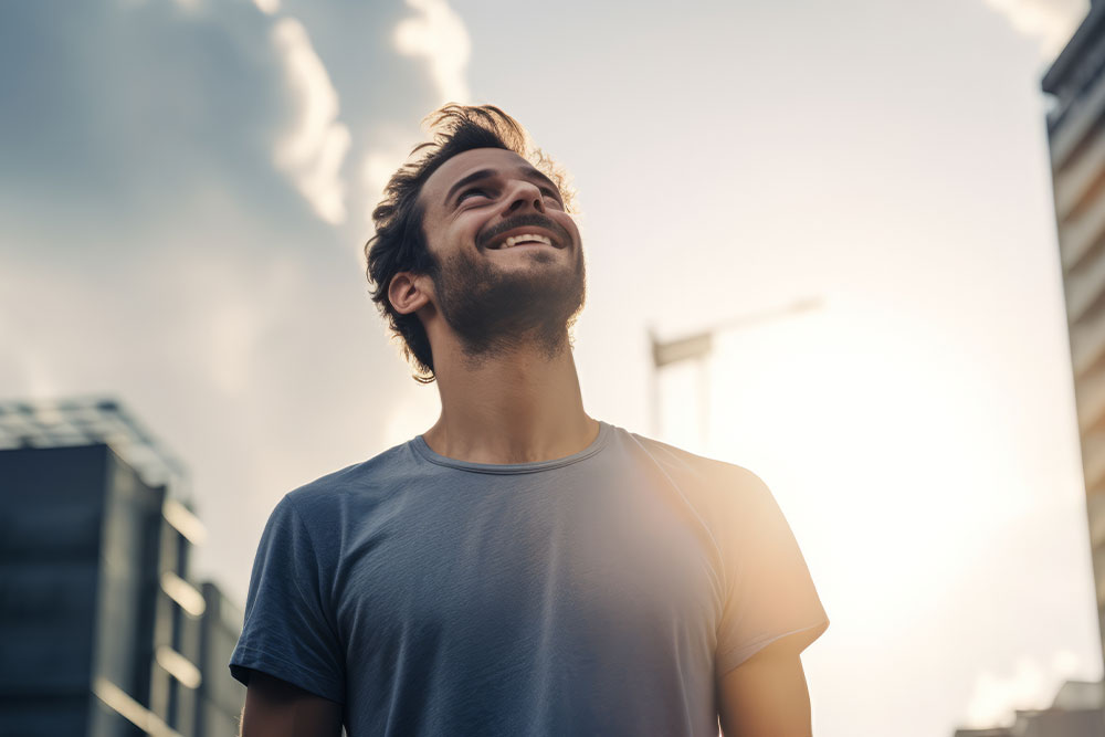 Young man looking up at the sky, happy.