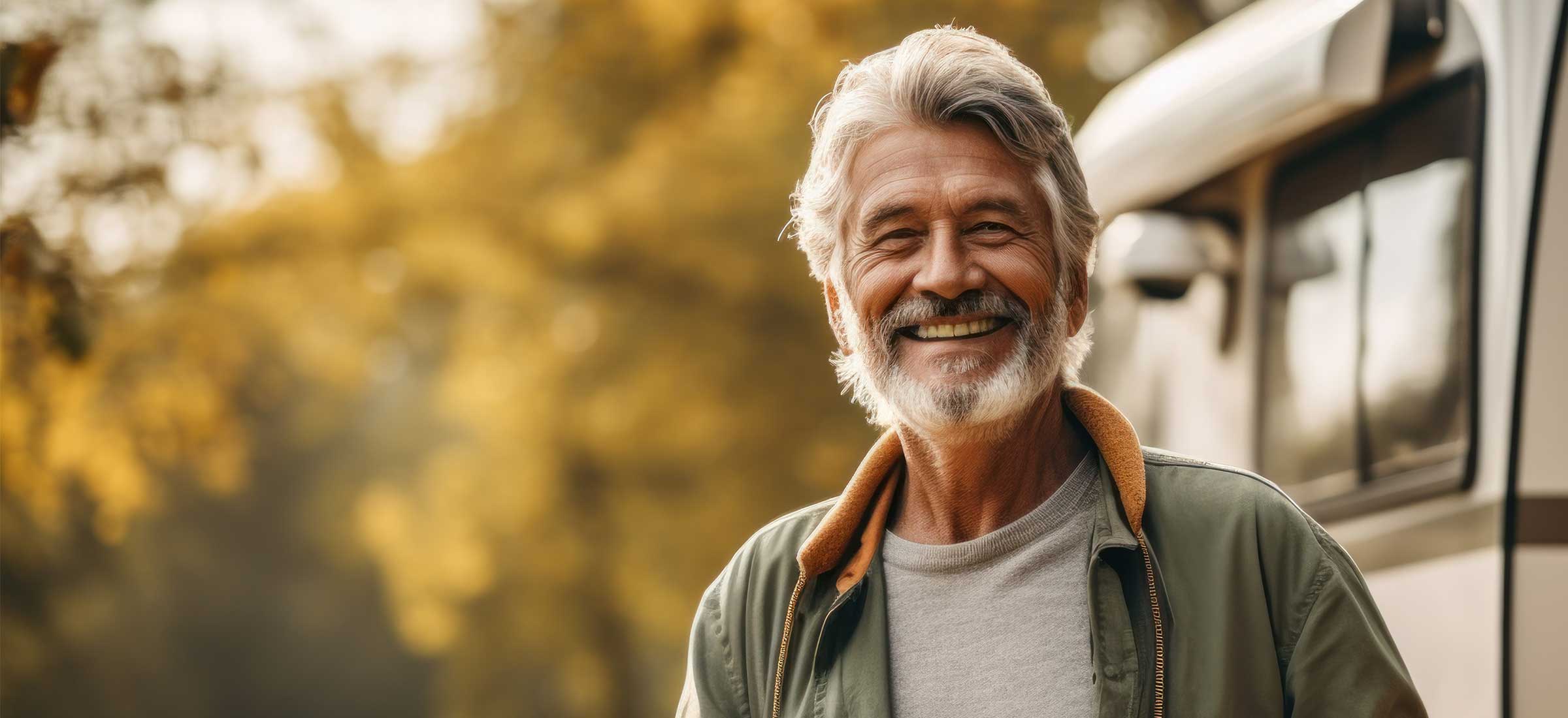 An elderly man smiles in the woods.