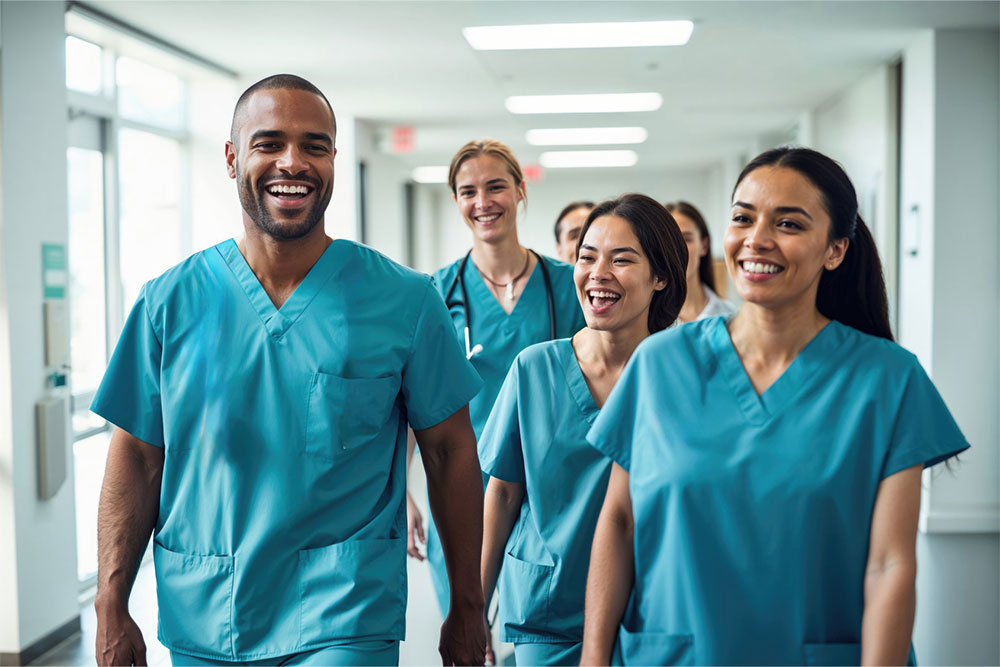 Diverse, happy health care providers walk down a hospital corridor.