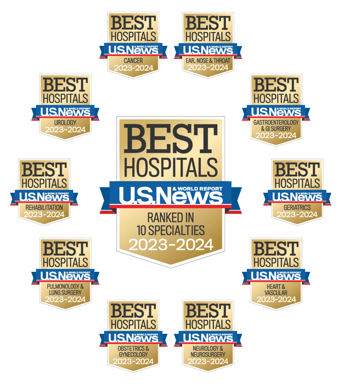 U.S. News & World Report Best Hospitals Badge Ranked in 10 Specialties 2023-24