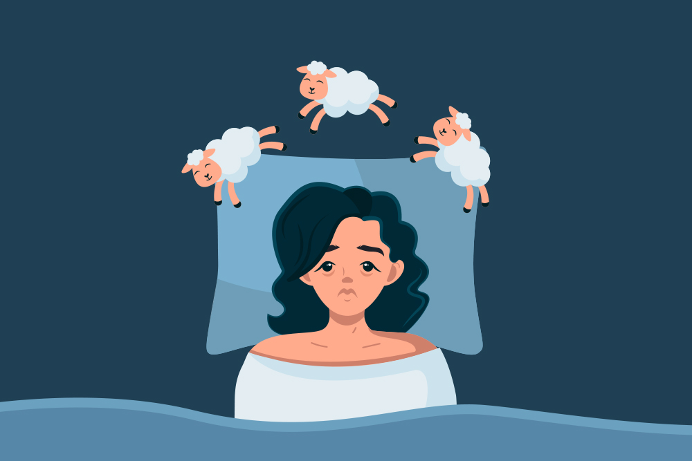 A graphic design of a woman trying to sleep with sheep flying around her head