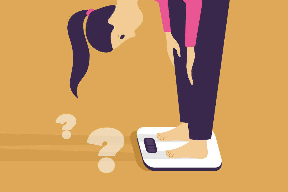 A graphic design of a woman leaning over to read her weight on a scale