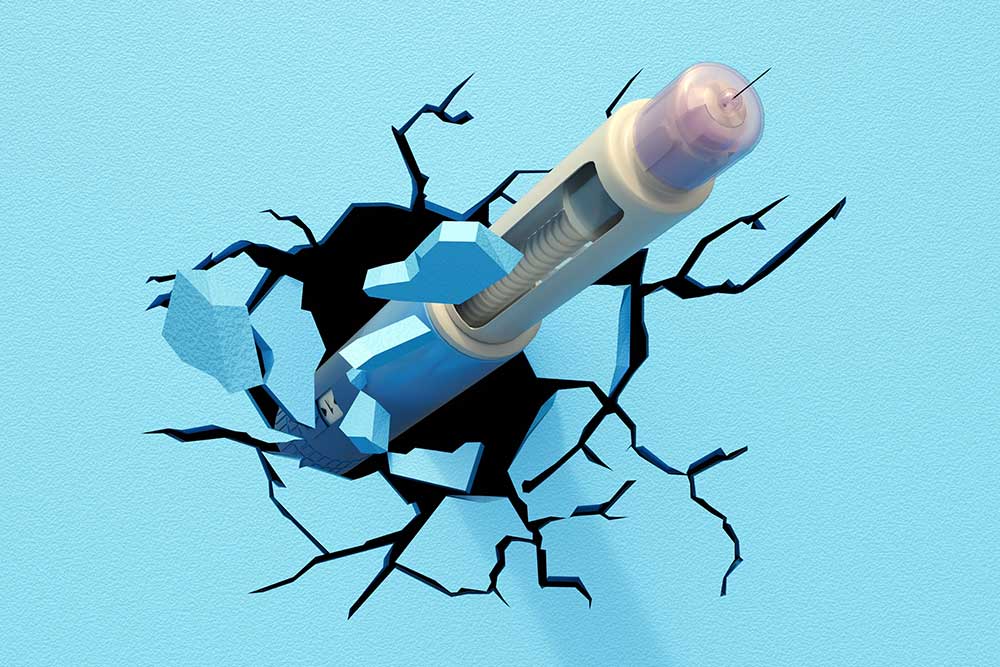 A GLP-1 pen injector breaks through a graphic blue wall.