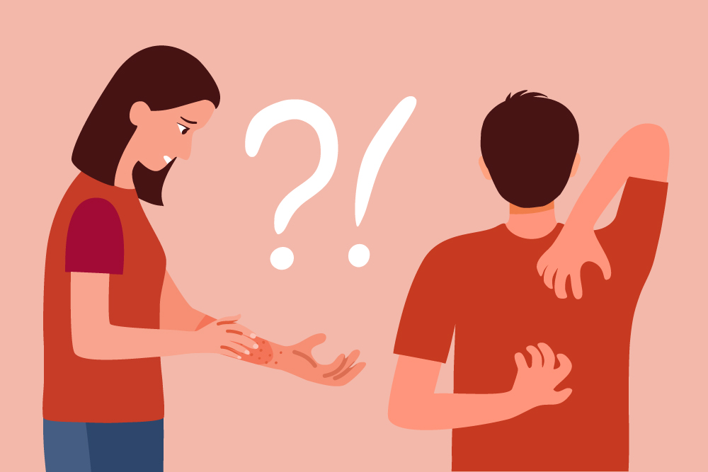 A graphic design of a man trying to scratch his back with both hands while a woman scratches her arm