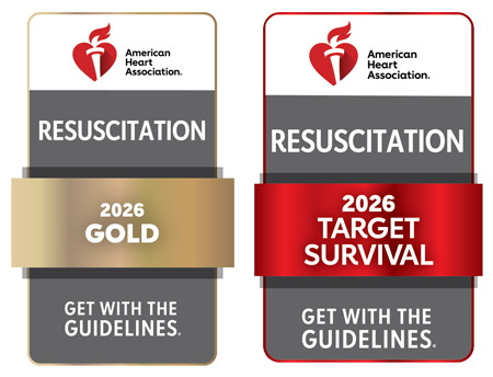 American Heart Association badges for the Gold award and Target Survival award for 2026.