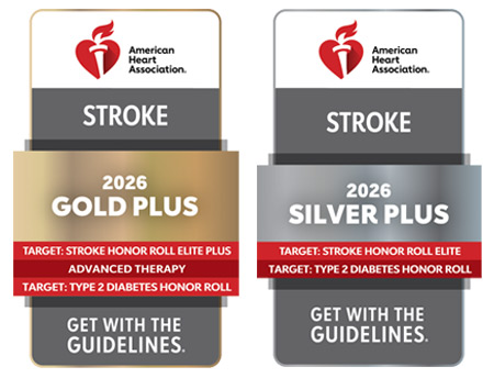 American Heart Association badges for the Stroke Gold and Silver Plus awards for 2026.