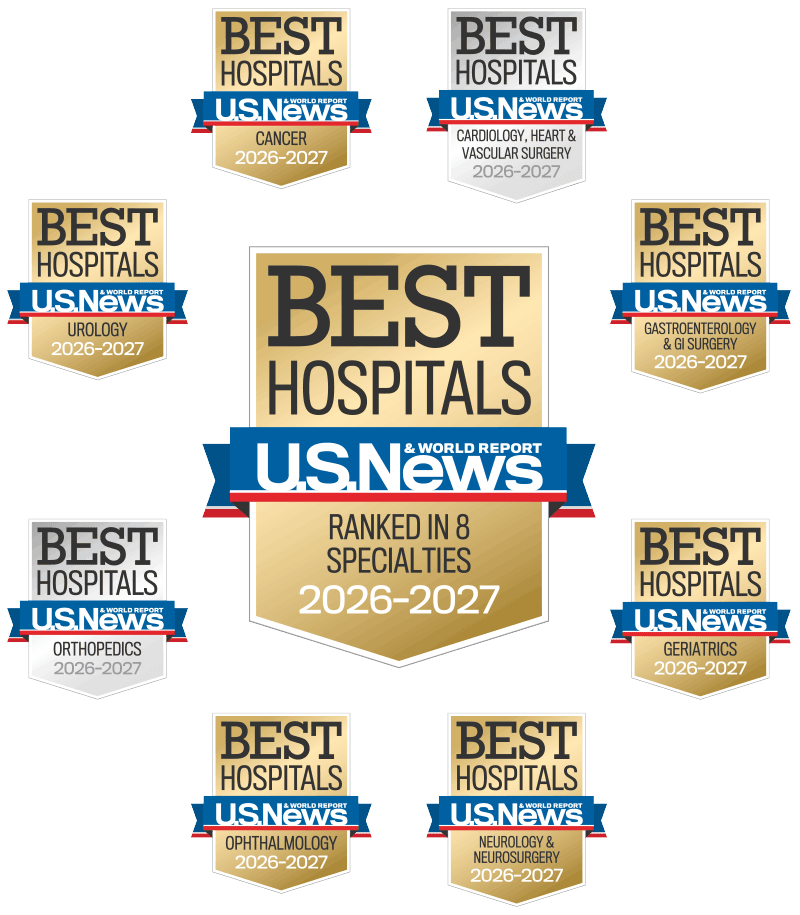 U.S. News & World Report Best Hospitals Badge Ranked in 8 Specialties 2026-27.